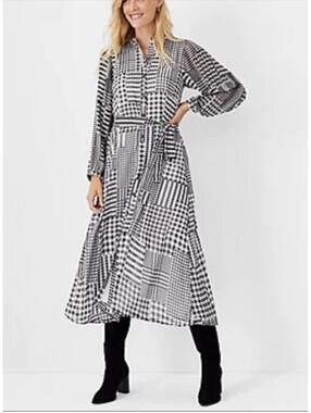 Ann Taylor Plaid Houndstooth Belted Black & White Midi Dress, New with Tags